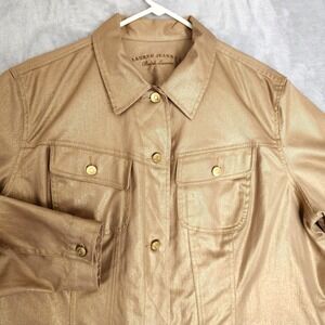 Ralph Lauren Jeans Jacket Womens 3X Pockets Gold Shimmer Metallic Trucker Denim